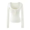 Garota apimentada gola U manga longa sexy modeladora design básico camiseta base justa top de um botão estilo americano