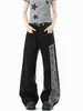 Jeans largo de estilo de rua americano retrô com blocos de cor lavada e estampa de estrelas completas, calça reta versátil de corte solto, unissex