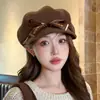Elegante gorro octogonal de lana para otoño e invierno para mujer, boina dulce con lazo, sombrero de pintor versátil y que adelgaza el rostro, estilo británico