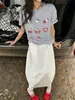 Camiseta Curta de Algodão Puro Espesso com 5 Pontos da Moda para Mulheres, Top Estampado de Manga Meia-Manga, Camiseta Básica, Ombro Caído, Novo Estilo Chinês, Verão