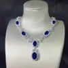 Conjunto Elegante de Zircônia de Luxo de Alta Qualidade, Safira Sintética, Colar, Brincos, Anel Aberto, Pedras Preciosas Femininas, Full Diamond