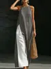 Vestido de verão TikTok europeu e americano, comércio exterior transfronteiriço, bloqueio de cores, sem mangas, estilo casual, solto, ombro a ombro, com bolso, longo, para mulheres