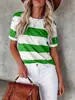 Nova Camiseta Casual de Verão com Listras Estampadas e Gola Redonda de Manga Curta, Moda Transfronteiriça Europeia e Americana para Mulheres