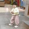 Traje para niña de primavera, otoño e invierno con forro polar, estilo coreano de dibujos animados, estilo occidental, top, pantalones deportivos, traje de 2 piezas para bebé, moda