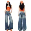Jeans Americano Retro Estilo Floral Flare para Mulheres, Calça Larga Curva, Algodão