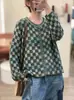 Outono Inverno 2026 Transfronteiriço Novo Fio de Algodão Xadrez Retrô Solto Bloco de Cores Gola Redonda Versátil Casual Top Malha Outer