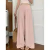 Calça cinza larga, relaxada e casual para mulheres, novo estilo de verão, cintura alta, cordão, fluida, solta, calça longa plissada