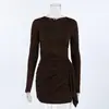 Falda Corta Ajustada Plisada con Cinturón Adelgazante de Cinta Nueva de Otoño e Invierno Transfronteriza Europea y Americana Vestido Irregular de Manga Larga para Mujer