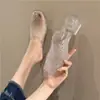Pantuflas de tacón alto de cristal para mujer en verano, tacones de cuña antideslizantes, pantuflas casuales transparentes de cristal para uso exterior, versátiles para uso en casa
