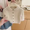 Salty Lemon SevenBaby Girl Conjunto de Outono Gola Boneca Cardigan de Tricô Vazado Jeans Conjunto de Duas Peças Estilo Coreano