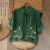 Camisa Bordada Artística Retro para Mujer, Verano Holgada de Manga Media con Cuello de Encaje Delgado Vestido de Té Chino Top
