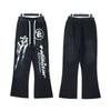 Serie H-Start Pantalones Casuales de Pierna Ancha Sueltos con Estampado de Retrato Vintage Lavado Retro Europeo y Americano con Cordón