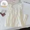 Nueva Estilo Verano 2026 Bata de Noche de Algodón Nube para Mujer, Encaje Blanco Crudo con Mangas Cortas Volantes y Almohadillas en el Pecho, Ropa de Casa Dulce de Longitud Media