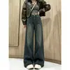 Jeans vintage de cintura alta de pierna ancha para mujer, estilo coreano de otoño, color gris cemento, diseño de bolsillo delantero, pantalones holgados de campana hasta el suelo