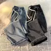 Calça jeans feminina azul claro com cintura elástica, primavera e outono, solta, slim, reta, perna larga, com cordão, calça casual pequena