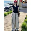 Traje Casual de Moda para Mujer, Nuevo Estilo Verano 2026, Top Negro de Manga Corta, Pantalones de Pierna Ancha de Cintura Alta, Conjunto de Dos Piezas Adelgazante Estilo Coreano