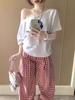 Top de playera de manga corta con estampado y hombros descubiertos, hombros inclinados, algodón puro, manga corta, ropa de verano para mujer, estilo coreano, casual