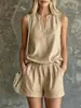 Conjunto de dos piezas para mujer de estilo francés para vacaciones, top sin mangas con pequeña abertura y cintura elástica, shorts de color liso con bolsillos