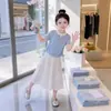 Conjunto de Vestido de Verão para Meninas, Roupa de Verão Infantil Estilosa, Conjunto de Duas Peças com Camiseta de Manga Curta e Saia para Crianças Maiores, Estilo Fresco e Simples
