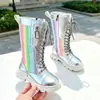 Botas Femininas 2026 Outono/Inverno Novas Botas de Cano Alto Infantis Botas Simples Menina Botas Martin Arco-Íris Botas Longas Coloridas