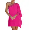 Amazon Aliexpress Wish Estação Independente Ebay Cruzamento de Fronteiras Vestido Feminino Cor Lisa Ombro Assimétrico Renda Costura