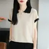 [Directo del Fabricante] Nuevo Estilo Verano Color Block Cuello Solapa Camiseta de Manga Corta de Lyocell Versión Coreana Top de Punto Adelgazante para Mujer