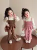 Traje de Primavera Estilo Francés para Niñas Traje Coreano para Niños Falso Dos Piezas Camisola Camisa de Muñeca Pantalones Acampanados Casuales para Niñas Primavera y Otoño