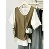 Camiseta Estilo Preguiçoso Fat mm Verão Novo Estilo Moda Coreana Leve e Fina Falsa Peça Dupla Manga Curta 0387