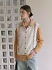 Chaleco tejido de cuello en V con patrón de diamantes estilo vintage francés para mujer, prenda exterior de principios de otoño, cárdigan suéter sin mangas, diseño único 2411