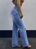 Zt36 Transfronteiriço Amazon 2026 Cor Sólida Lavada Estilo Europeu e Americano Jeans de Perna Larga para Mulheres Jeans Clássico Lavado à Areia Rasgado