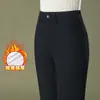 1019 Vaqueros Blancos Rectos de Invierno con Felpa para Mujer Pantalones para Mujeres de Mediana Edad Pantalones Skinny Plus Terciopelo Plus Engrosados Cintura Alta Sueltos