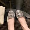 Versão pele de carneiro ~ strass raso francês quadrado cabeça prata com saia sapatos femininos novos couro genuíno Mary Jane sapatos concha