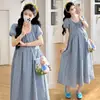 Vestido de Maternidade Azul Xadrez Fresco e Solto Respirável Tamanho Grande Novo Estilo Verão 2026