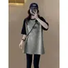Camiseta de Manga Corta de Algodón Cepillado Bloque de Color Engrosada para Mujer, Longitud Media, Corte Holgado, Tallas Grandes, Top que Cubre la Cadera, Prenda Base para Primavera y Verano