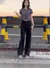 Jeans Negros de Pierna Ancha para Mujer Verano Delgados de Cintura Alta Adelgazantes Pantalones Rectos Estilo Americano Pequeño 2024 Nuevo