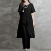 Traje de algodón y lino transfronterizo para mujer, de verano, talla grande, color liso, conjunto de dos piezas, estilo artístico irregular con viento frío de hadas, cintura suelta