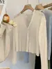 Cárdigan de punto de seda helada azul, fino y de manga larga, para mujer, prenda exterior de primavera, chal protector solar, top para cubrirse del aire acondicionado