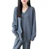 Estilo Otoño e Invierno Suéter Grueso 100% Lana Cuello en V Longitud Media para Mujer Estilo Perezoso Prendas de Punto Holgadas Ropa de Abrigo Top