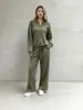 Conjunto de Moletom com Meio Zíper Estilo Europeu e Americano Outono/Inverno 2026 para Mulheres, Solto, Caimento Fluido, Calça Wide Leg, Conjunto Casual de Duas Peças