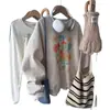 Sudadera de Cuello Redondo para Mujer, Talla Petite, Otoño e Invierno, Forrada de Felpa, Corte Holgado, Diseño Único, Estilo Retro Americano, Sudadera Gris, Moderna