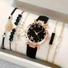 Reloj de Cuarzo con Correa de Cuero y Esfera Incrustada de Diamantes para Mujer, Nuevo, Transfronterizo Europeo y Americano, Set de Pulsera de Perlas en Stock, 6 Piezas/Set
