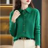 Cardigan de Tricô de Lã com Gola Polo Outono e Inverno Feminino Lapela Versátil Slim Suéter Roupa Exterior Cor Pura Manga Longa Top