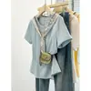 Xale de Renda Camiseta Azul de Manga Curta Feminina 2026 Novo Verão Tamanho Plus Size Meninas Gordas Emagrecedor Super Bonito Top que Cobre a Barriga