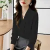 Camisa de Gasa Elegante Adelgazante para Mujer, Estilo Coreano, Cuello en V, Manga Larga, Nueva para Otoño 2026