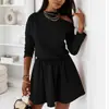 Vestido de Saia Feminino Pulôver de Manga Longa Gola Redonda Decotado Ombro a Ombro Cor Sólida Slim de Temperamento para o Verão e Outono