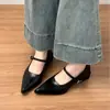 Versión de Piel de Vaca Punta Fina Zapatos Mary Jane Retro Piel Suave Correa de una Sola Línea Poco Profundos Tacón Grueso Planos Versátiles para Mujer Zapatos de Ropa de Trabajo