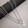 Celebridad de Internet Estilo INS Versátil Sencillo Colgante de Cabeza de Moneda Apilado Multicapa Elegante Collar de Acero de Titanio Moda Hip-Hop para Mujer