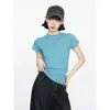 Camiseta Azul de Algodão Puro com Ombro Normal de Manga Curta para Mulheres Primavera/Verão 2026 Nova Slim Fit Cor Sólida Versátil Camada Base Top Pesado