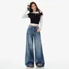 Jeans Jeans Lavado Azul Wide-Leg Plissado Feminino 2026 Primavera Novo Preguiçoso Caimento Fluido Versátil Reto Pantalona