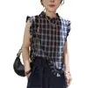 Shenzhen Nanyou Liquidação de Ponta Verão Novo Top Camisa Sem Mangas Fina Xadrez Babados Cor Contrastante para Mulheres